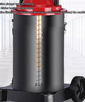 No Sweat Heavy Duty Grease Pump With 75 To 1 Pressure Ratio And 5 Gallon Wheeled Tank showing precision plunger oil feed and filtration.