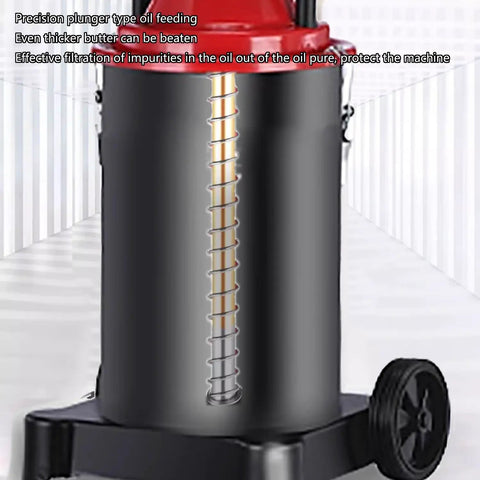 No Sweat Heavy Duty Grease Pump With 75 To 1 Pressure Ratio And 5 Gallon Wheeled Tank showing precision plunger oil feed and filtration.