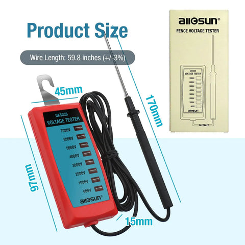 Neon Electric Fence Voltage Tester And Fault Finder For Low Impedance Fences Portable Pocket Size Max 7 KV Not LED Red Indicator Ideal For Standard Duty Electric Fence Checks On The Go with measurement details.