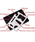 Multitool card with knife, saw, wrench, and screwdriver functions labeled