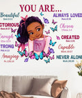 Dope Black Girl Religious Butterfly Wall Decal Sticker With Positive Saying You Are Beautiful For Nursery Decor And Afro Kids Room Vibe Inspirational Home Art Gift For Bedroom And Playroom with colorful butterflies and affirmations on a wall.