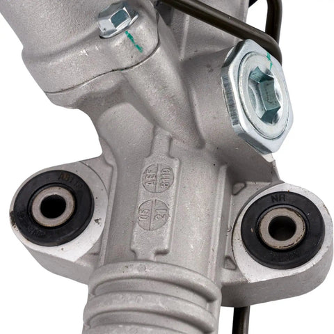Close-up of OEM Quality Drop In Power Steering Rack And Pinion Replacement with mounting details for Subaru Impreza WRX 2008-2014.