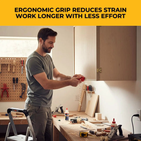 Man using Quad Pro Pneumatic Edge Trimmer With Tungsten Carbide Blades Trims From One Half Inch To One And One Quarter Inch No Springs Attached