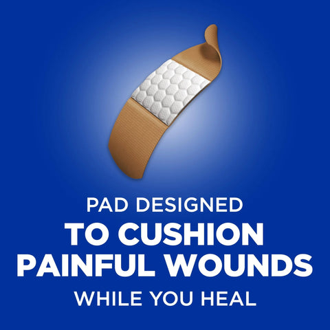 Angled view of Band-Aid flexible fabric adhesive bandage with tan backing and white cushioned pad
