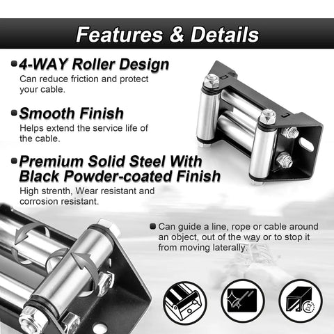 Beefed-Up Winch Mounting Bracket Plate With 4 7 8 Inch Winch Roller Fairlead Cable Guide shown with features and details.