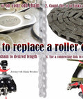 Steps on how to replace a roller chain with images of chain tools and links.