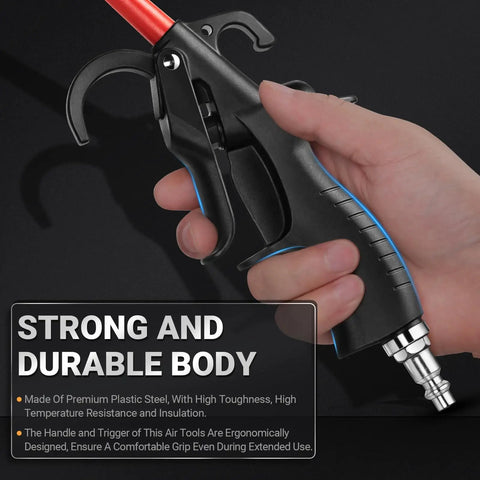 Heavy Duty 290 Max PSI Air Blow Gun For Compressors With Quarter Inch Inlet Angled Nozzle Trigger Flow Control Rubber Tip
