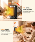 Cozy 1500W Space Heater With Remote showing tip-over protection next to cat, and over-heat protection in living room setting