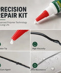 Precision repair kit featuring a two pack car bumper repair adhesive fixing busted plastic with rock solid bonds.
