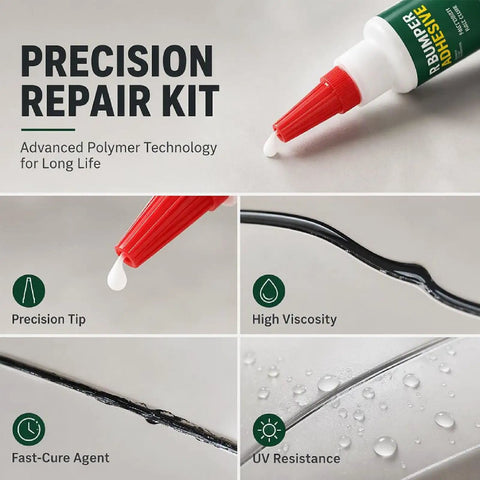 Precision repair kit featuring a two pack car bumper repair adhesive fixing busted plastic with rock solid bonds.