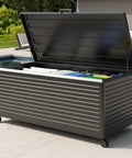 281 Gallon Outdoor Storage Box With Wheels For Easy Mobility And Soft Close Lid Waterproof Metal Deck Box For Patio Cushions Garden Tools And Pool Accessories Charcoal
