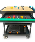 Heavy-Duty Rolling Utility Cart With Wooden Top, 3-Tier Mobile Workshop Table On Sturdy Casters, tools visible, open drawer