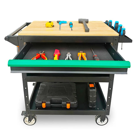 Heavy-Duty Rolling Utility Cart With Wooden Top, 3-Tier Mobile Workshop Table On Sturdy Casters, tools visible, open drawer