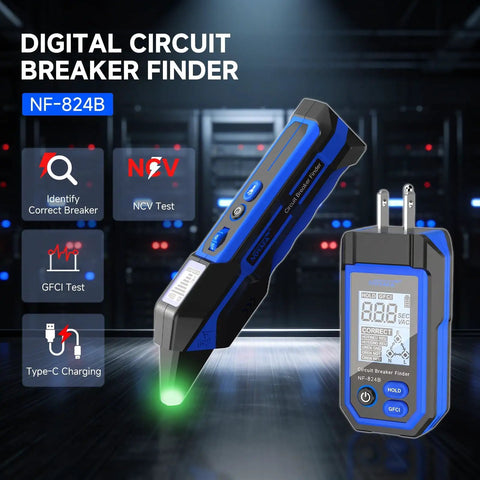 Dead Nuts Accurate Circuit Breaker Finder With Bright Lcd Display And Pro Grade GfcI Outlet Tester showing NCV test and type-C charging.