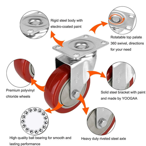4 Inch Heavy Duty Swivel Caster Wheels Delivering Hella Smooth Motion And 360 Degree Rotation With Badass Load Handling Total 1200 Lbs Lift Capacity Set Of Four showing red wheels, steel brackets, ball bearings.