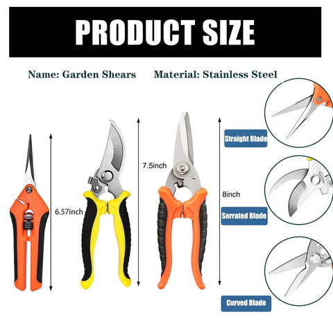 Three Pack Garden Pruning Shears With Stainless Steel Blades Handheld Clippers For Gardening Snips And Pruners
