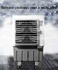 Heavy Duty Swamp Air Cooler With Deep Water Reservoir Ninety Degree Oscillation And Multi Speed Settings delivering cool air from a portable unit.