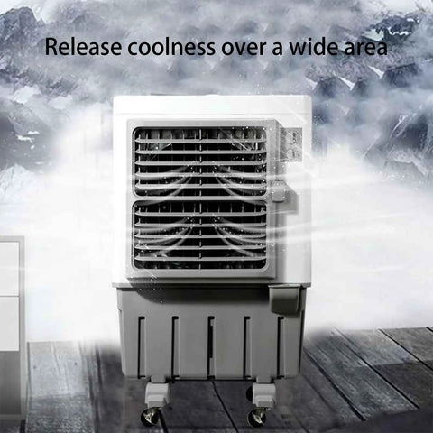 Heavy Duty Swamp Air Cooler With Deep Water Reservoir Ninety Degree Oscillation And Multi Speed Settings delivering cool air from a portable unit.