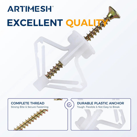 Drywall Anchor Kit With Screws 80 Pcs Self Drilling Hollow Wall Anchors For Three Eighths To One Half Inch Walls Easy Install With Standard Three Eighth Inch Drill Bit Includes 40 Anchors And 40 Screws Heavy Duty Mounting Hardware For Secure Fixes. white plastic drywall anchor with screw, close-up