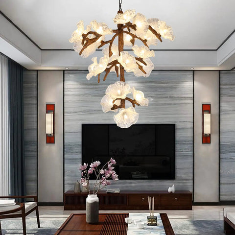 Tree Branch Ceiling Pendant Light Straight Up Fresh Statement Chandelier Top Shelf Adjustable Hanging Lamp in living room.