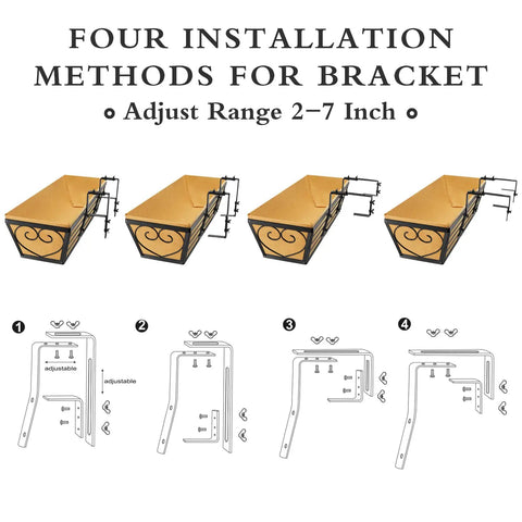 Diagram of four installation methods for 2 Pack 24 Inch Window Box Planters With Adjustable Brackets For Porch Fence Patio Balcony Hanging Flower Baskets Black Metal Outdoor Garden Decor With Woven Fabric And Elegant Butterfly Design.