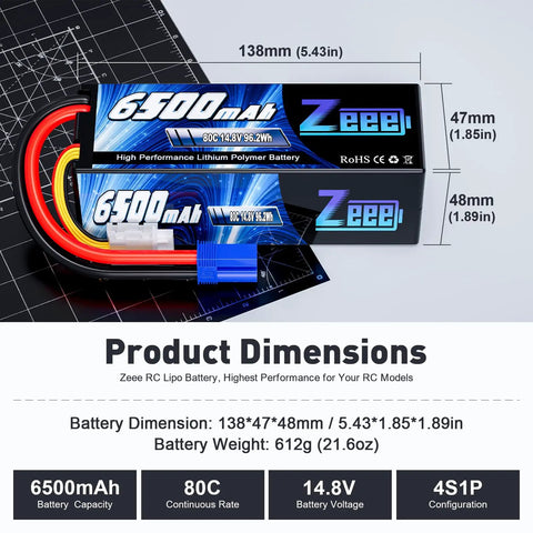 4S 6500mAh 80C RC Lipo Battery With Hard Case And EC5 Connector For 1/8 And 1/10 Scale RC Cars Boats Trucks Tanks viewed with dimensions