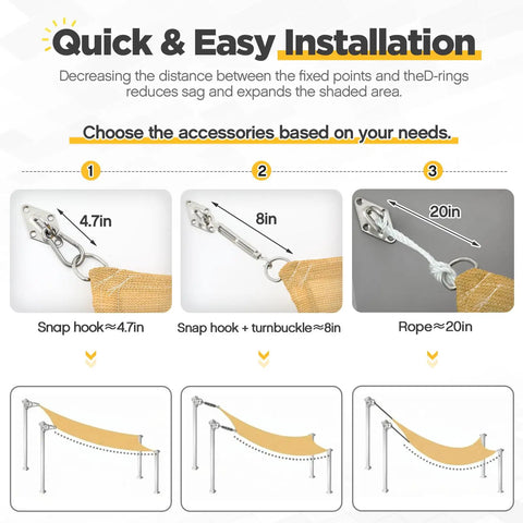 Installation guide for 20 By 26 Feet Rectangle Sun Shade Sail including hooks and ropes for patio outdoor cover setup.