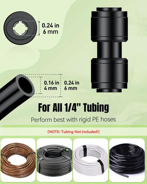 Diagram of 15 Piece Quick Connect Drip Irrigation Coupling Set For One Quarter Inch Tubing, showing dimensions of fittings.