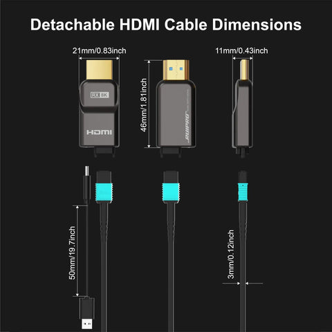 Detachable Full Fiber Optic HDMI 2.1 Cable showcasing dimensions, armored jacket, and connectors for 8K playback.