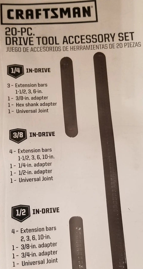 Heavy Duty Drive Tool Accessory Set With Three Drive Sizes One Quarter Inch, Three Eighths Inch And One Half Inch, item list