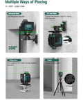 Self Leveling Laser Level With 4x360 Degree Green Cross Lines showing multiple placement modes on magnetic stand