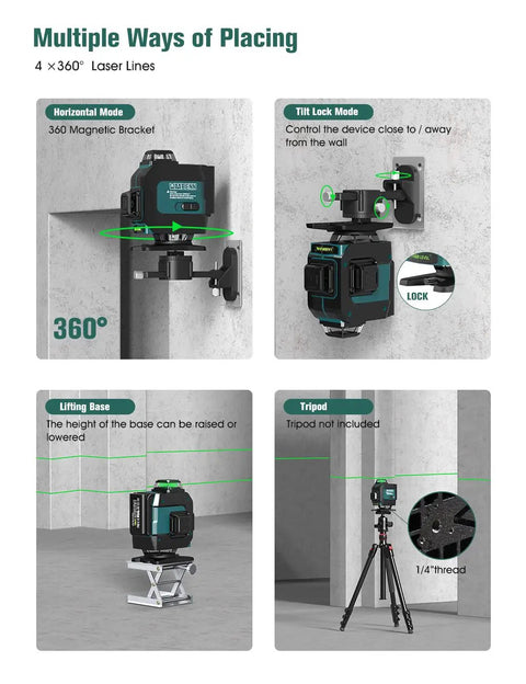Self Leveling Laser Level With 4x360 Degree Green Cross Lines showing multiple placement modes on magnetic stand