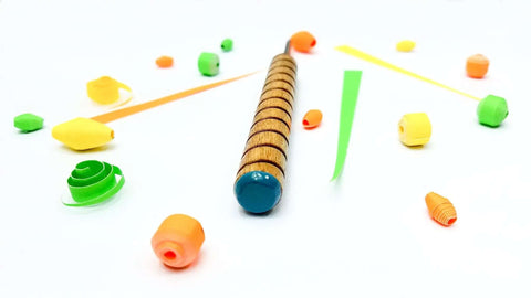 Pro Grade Bead Roller Quilling Tool With One Eighth Inch Slotted Metal Winding Pin, wood handle, paper beads around