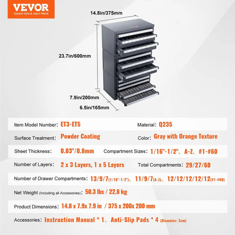 Diagram of Three Drawer Drill Bit Dispenser Cabinet Set With 29 27 And 60 Compartments showing dimensions and features.