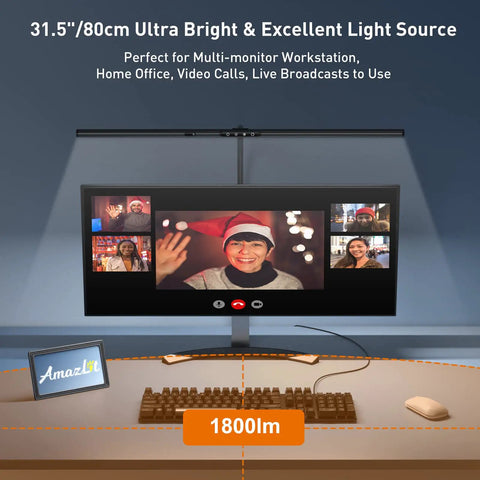 Ultra Bright Thirty One And A Half Inch LED Desk Lamp With Gesture Sensor Eye Caring Light above monitor in workstation