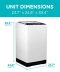 Front view of white top-loading portable washer with transparent lid and LED display; 23.7 in W x 24.8 in D x 39.4 in H