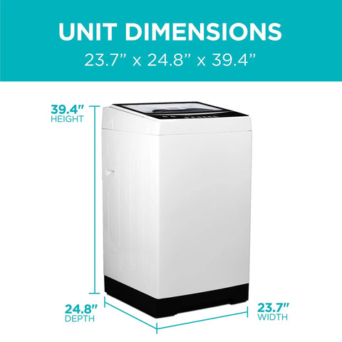 Front view of white top-loading portable washer with transparent lid and LED display; 23.7 in W x 24.8 in D x 39.4 in H