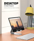 Adjustable Tablet Stand For 4 To 13 Inch Tablets And Phones Desktop Holder For iPad, displayed on a desk with tablet