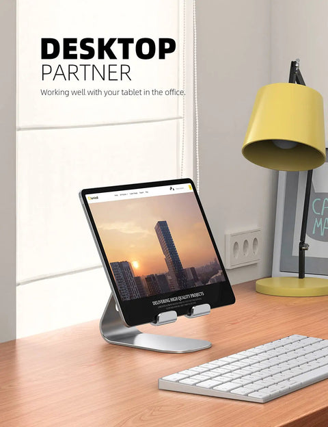 Adjustable Tablet Stand For 4 To 13 Inch Tablets And Phones Desktop Holder For iPad, displayed on a desk with tablet