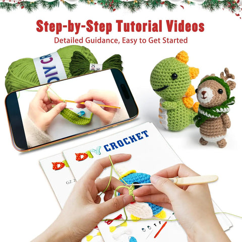 Hands crocheting with 8 Piece Beginner Crochet Starter Kit With 40 Percent Extra Yarn For Cute Animal Crochet Kits, phone tutorial.