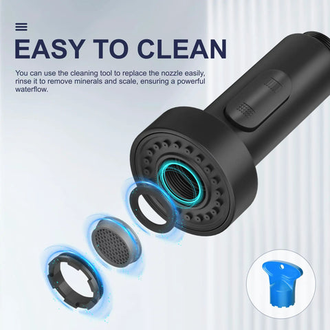 Dead Simple Install Bulletproof Build Slick Black Finish Single Handle Pull Down Kitchen Faucet Lead Free Stainless Steel Ceramic Cartridge Top Tier Sink Fixture nozzle components showing easy cleaning and maintenance.