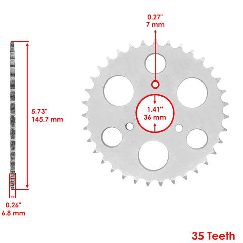 Side and front view of sprocket from Beefy Drive Chain And Sprocket Kit For Polaris Sportsman 90 2007-2014, sports measurements shown.