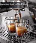 Top Shelf Espresso Machine With Built In Grinder And 20 Bar Pressure sleek milk frother brewing espresso into clear glass cups.
