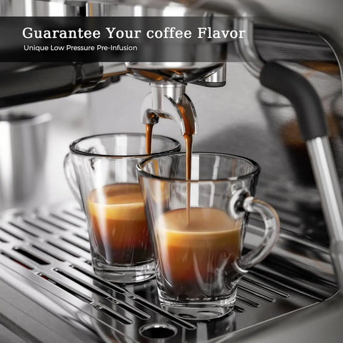 Top Shelf Espresso Machine With Built In Grinder And 20 Bar Pressure sleek milk frother brewing espresso into clear glass cups.