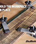 2x4 Ft T Track Table Kit With 32 Six Inch Universal Tracks, Intersections, And 2 Hold Down Clamps for Woodworking CNC Router Tables DIY Workbench Upgrade showing clamps in use on wood surface.