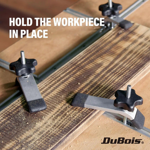 2x4 Ft T Track Table Kit With 32 Six Inch Universal Tracks, Intersections, And 2 Hold Down Clamps for Woodworking CNC Router Tables DIY Workbench Upgrade showing clamps in use on wood surface.
