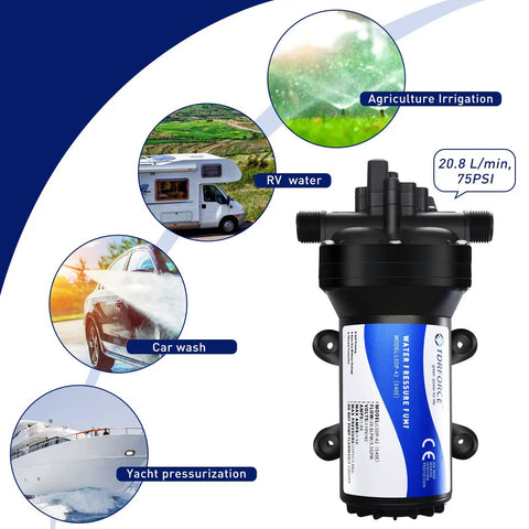 Diagram of Fresh Water Pump 5.5 GPM 75 PSI 110V Self Priming Diaphragm Inline Booster Pump uses: RV, car wash, yacht.