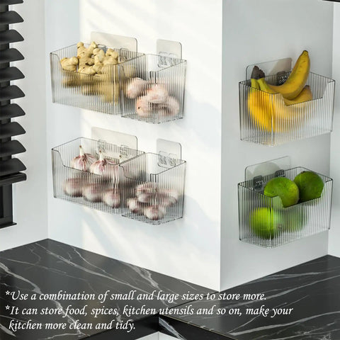 2 Pack Cabinet Door Organizer Wall Mounted Shower Caddy Stackable Plastic Adhesive Organizer For Bathroom Kitchen Pantry Makeup BPA Free Clear Includes Extra Replacement Adhesive Strips For Easy Install, side view with fruits and vegetables.