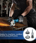 Man using grinder with Coarse Carbon Steel Drill Wire Brush Set With Ten Piece Bundle Including Pen Wheel And Cup Brushes One Quarter Inch Hex Shank Built For Rust Busting Stripping And Tough Abrasive Cleaning On Metal Surfaces.