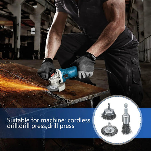 Man using grinder with Coarse Carbon Steel Drill Wire Brush Set With Ten Piece Bundle Including Pen Wheel And Cup Brushes One Quarter Inch Hex Shank Built For Rust Busting Stripping And Tough Abrasive Cleaning On Metal Surfaces.